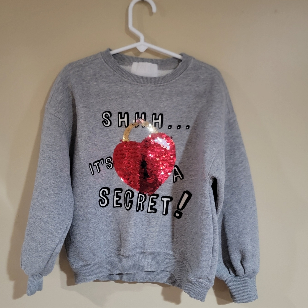 Zara girls "Shh It’s A Secret" Sequin Pullover crewneck Sweatshirt Size 7 years
